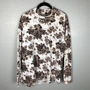 Vintage White Stag Size Large White Brown Floral Mock Neck Long Sleeve Sweater